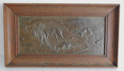 Dekoratives Reliefbild Jagdhund Meute mit Beute Fuchs Jagd bronziert 31,5x17,5cm
