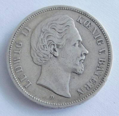 5 Mark Deutsches Reich Bayern 1874 D Ludwig II Silber 900 27,5 g Ø3,8cm