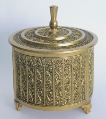 Seltene Art Deco Deckeldose Erhard Söhne rund Muster wohl Messing vergoldet