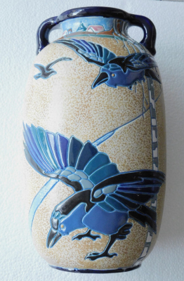 Große Art Deco Doppelhenkel Vase AMPHORA 12188 Serie Campina Krähen Raben 34cm