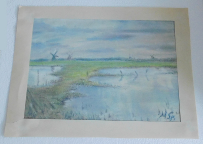 Altes Aquarell Pastell ? Flußlandschaft mit Windmühlen signiert M Sp ?
