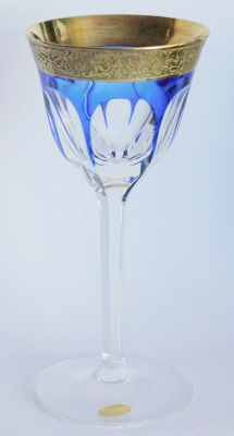 Edles Weinglas Moser blau Papstschliff breiter Goldrand mit Muster 18cm