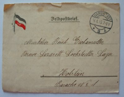 Feldpostbrief Musketier Reserve Lazarett Lockstedt Holstein Fahne EK 1915 I. WK