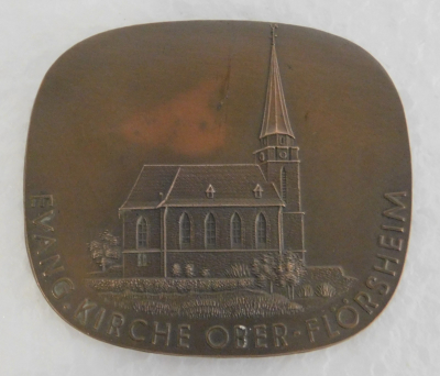 Alte Bronze Medaille Plakette Evangelische Kirche Ober-Flörsheim 6,5x5,8cm