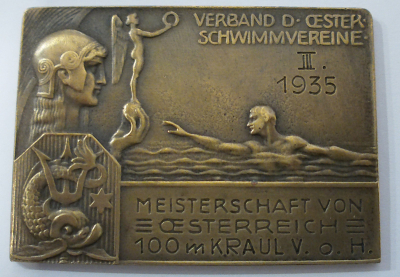 Alte Bronze Medaille Plakette Österreich Schwimmverein Meisterschaft 1935 5,5x4