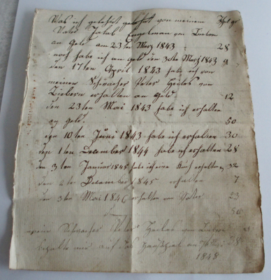 Altes Schriftstück Papier Dokument alte deutsche Schrift 1843 - 1854 Geld Erhalt