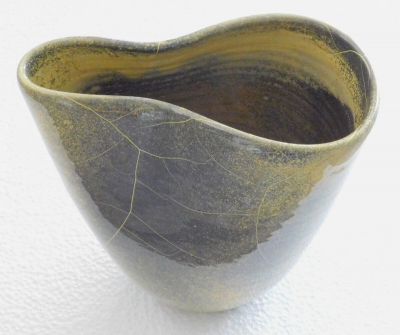 Ausgefallene Art Deco Keramik Vase Uhlemeyer gelb-grau-grün marmoriert 19,5cm