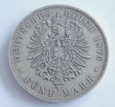 5 Mark Deutsches Reich Bayern 1876 D Ludwig II Silber 900 27,4 g Ø3,8cm