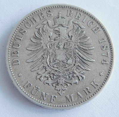 5 Mark Deutsches Reich Bayern 1874 D Ludwig II Silber 900 27,5 g Ø3,8cm