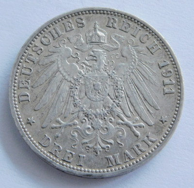 3 Mark Deutsches Reich Baden 1911 G Friedrich II. Silber 900 16,5g Ø3,3cm