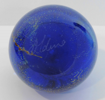 Glas Briefbeschwerer paperweight signiert Mdina Blue Summer blau-gelb 8cm