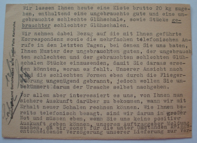 Alte PK Chemische Fabrik Menzer an Chamotte Industrie 1942 betr. Glühschalen