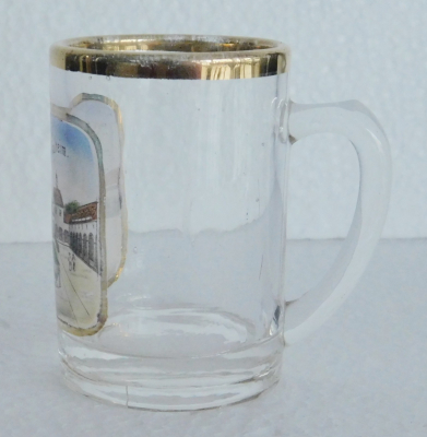 Altes Andenken Glas / kl. Humpen Bad Nauheim Badehäuser u. Sprudel Email 7,3cm