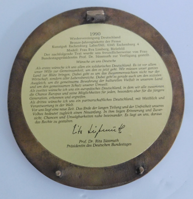 Bronze Relief Wiedervereinigung Kunstguss Eschenburg Lahn-Dill Limberg 14,2x13cm