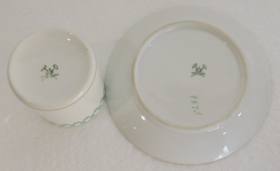 Jugendstil Mokkatasse Pirkenhammer Karomuster grün Goldrand