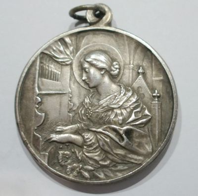 Alte Medaille Anhänger Papst Pius XI / Hlg. Cäcilia von Rom versilbert Ø4cm