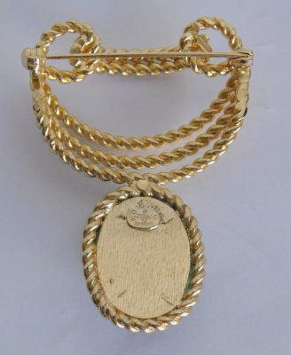 Vintage Modeschmuck Brosche Henkel & Grosse 1970 goldfarben grüner Stein 5,5x4cm