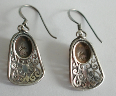 Ohrringe Hänger Silber 925 Durchbruchmuster verschnörkelt mit Bernstein Cabochon