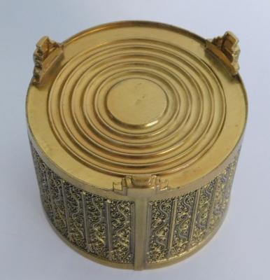 Seltene Art Deco Deckeldose Erhard Söhne rund Muster wohl Messing vergoldet