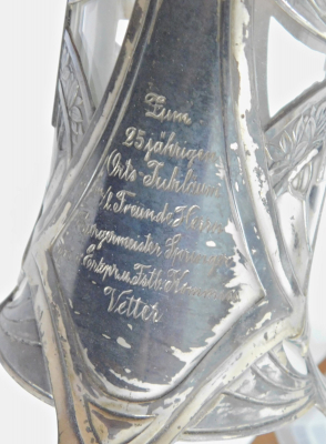 Jugendstil Kanne Krug WMF Liebau 1911 Zinn versilbert Glaseinsatz