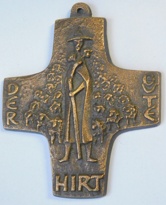 Bronze Kreuz Relief Der Gute Hirt Andenken Kommunion 9,5x8,5cm