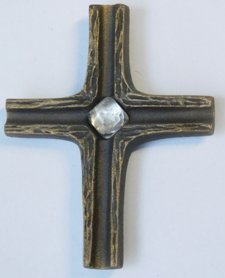 Kleines Bronze Kreuz Relief mit Bergkristall 9,3x7,5cm #a