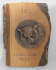 Alte Jagdtrophäe Andenken Jagdschiessen Brienz 1985 Eule auf Holzbrett 44x34cm